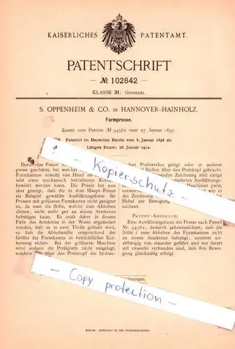 original Patent - S. Oppenheim & Co. in  Hannover-Hainholz , 1898 , Formpresse !!!