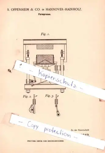 original Patent - S. Oppenheim & Co. in  Hannover-Hainholz , 1898 , Formpresse !!!