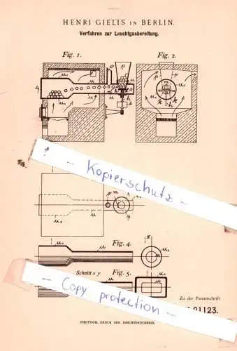 original Patent - Henri Gielis in Berlin , 1896 , Verfahren zur Leuchtgasbereitung !!!