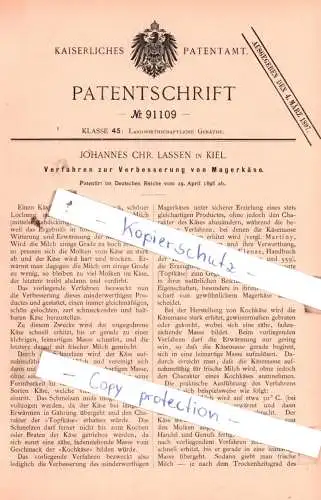 original Patent - Johannes Chr. Lassen in Kiel , 1896 , Verfahren zur Verbesserung von Magerkäse !!!