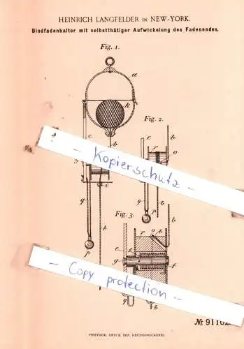 original Patent - Heinrich Langfelder in New-York , 1896 , Bindfadenhalter mit Aufwickelung des Fadenendes !!!