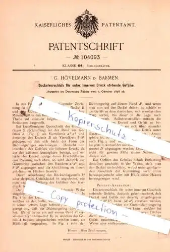 original Patent - G. Hövelmann in Barmen , 1898 , Schankgeräthe !!!