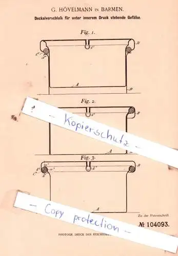 original Patent - G. Hövelmann in Barmen , 1898 , Schankgeräthe !!!