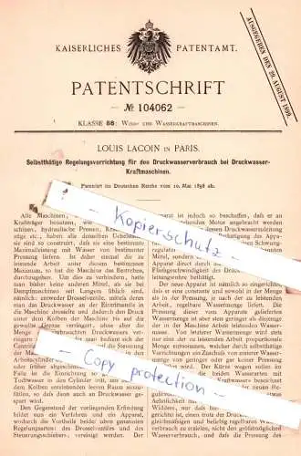 original Patent - Louis Lacoin in Paris , 1898 ,  Selbstthätige Regelungsvorrichtung für den Druckwasserverbrauch !!!