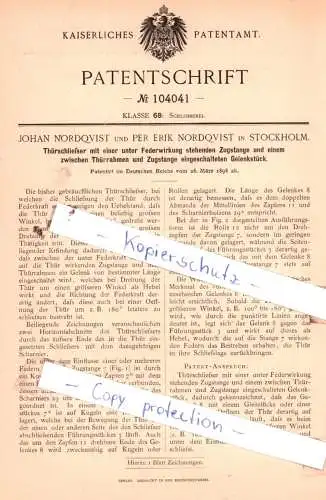 original Patent - Johan und Per Erik Nordqvist in Stockholm , 1898 , Schlosserei !!!