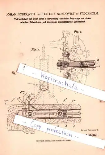 original Patent - Johan und Per Erik Nordqvist in Stockholm , 1898 , Schlosserei !!!