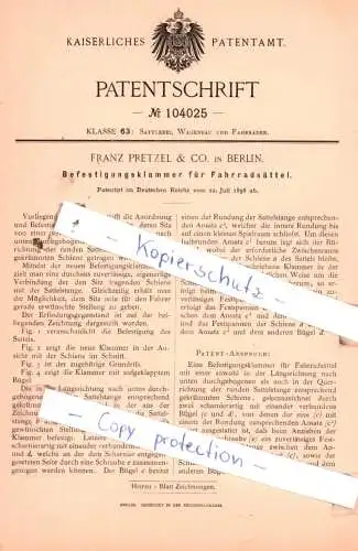 original Patent - Franz Pretzel & Co. in Berlin , 1898 , Befestigungsklammer für Fahrradsättel !!!