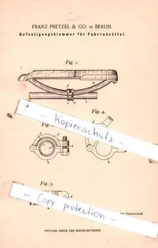 original Patent - Franz Pretzel & Co. in Berlin , 1898 , Befestigungsklammer für Fahrradsättel !!!