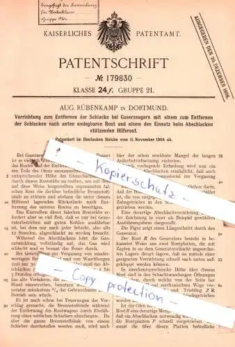 original Patent -  Aug. Rübenkamp in Dortmund , 1904 , Entfernen der Schlacke bei Gaserzeugern !!!