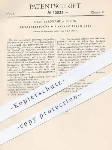 original Patent - Otto Steinkamp , Berlin , 1880 , Straßenbackofen mit verstellbarem Rost | Backofen , Ofen , Bäcker !!