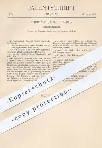 original Patent - Ferdinand Kausch , Berlin , 1878 , Sicherheitsschloss | Schloss , Türschloss , Tür , Türen , Schlosser