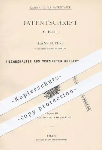 original Patent - Hans Peters , Rummelsburg / Berlin  1880 , Fischbehälter aus Rundeisenstäben | Tonne , Tonne , Fischer