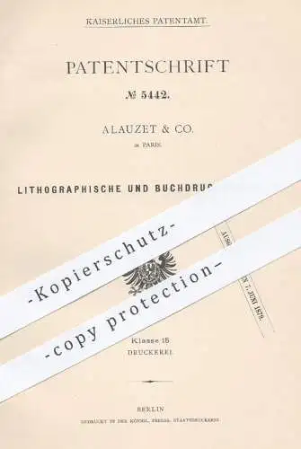 original Patent - Alauzet & Co. , Paris , 1878 , Buchdruckerpresse | Lithographie , Presse , Pressen , Buchdruck , Druck