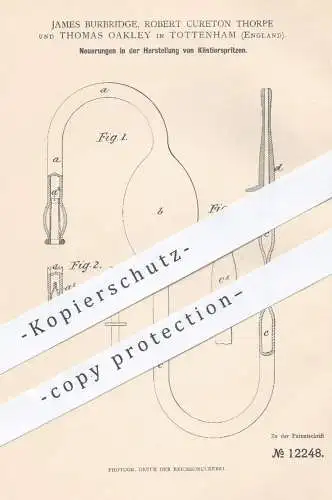 original Patent - James Burbridge , R. Cureton Thorpe , Th. Oakley , Tottenham England 1880 , Klistierspritzen | Spritze