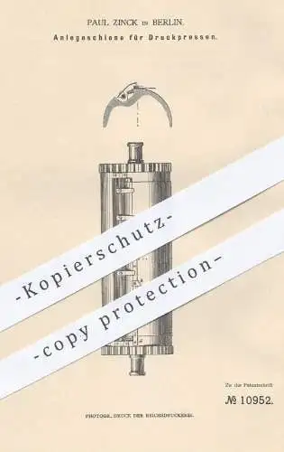 original Patent - Paul Zinck in Berlin , 1880 , Anlegeschiene für Druckpressen | Presse , Pressen , Buchdruck , Druck !