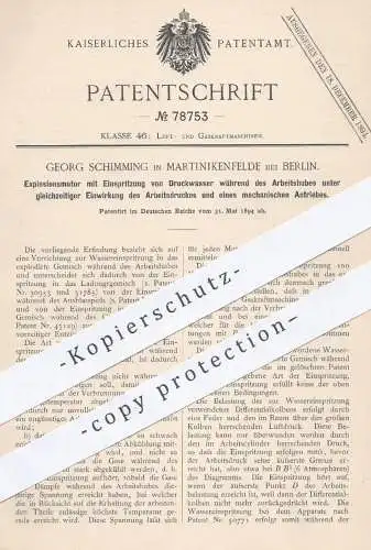 original Patent - G. Schimming , Martinikenfelde Berlin 1894 , Explosionsmotor mit Einspritzung von Druckwasser | Motor