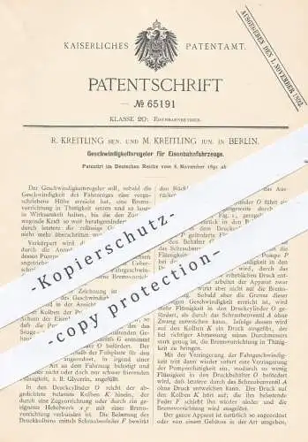 original Patent - R. & M. Kreitling , Berlin 1891 , Geschwindigkeitsregler für Eisenbahnen | Eisenbahn , Geschwindigkeit