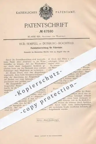 original Patent - Rud. Sempell , Duisburg Hochfeld , 1892 , Feststellvorrichtung für Fahrräder | Fahrrad - Schloss !!!