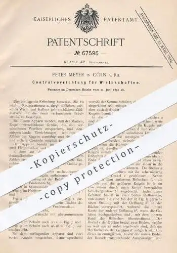 original Patent - Peter Meyer , Köln / Rhein , 1892 , Kontrollvorrichtung für Wirtschaften , Kellner , Gastronomie !!!