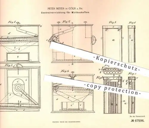 original Patent - Peter Meyer , Köln / Rhein , 1892 , Kontrollvorrichtung für Wirtschaften , Kellner , Gastronomie !!!