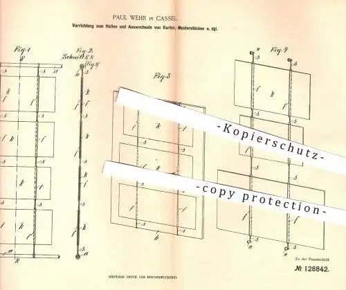 original Patent - Paul Wehr , Kassel , 1901 , Halten u. Auswechseln von Karten , Fotos , Musterstücken | Rahmen !!!