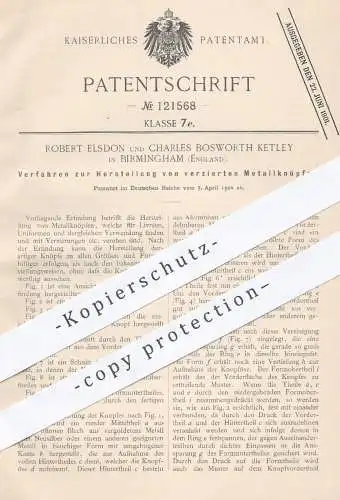 original Patent - Robert Elsdon , Charles Bosworth Ketley , Birmingham England , 1900 , verzierte Metallknöpfe | Knopf !