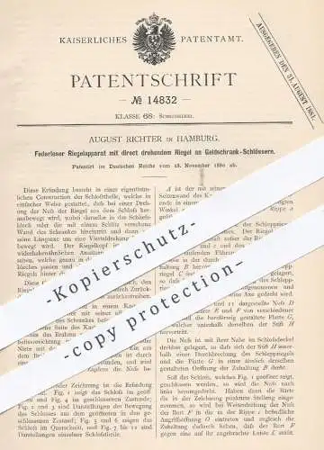 original Patent - August Richter , Hamburg , 1880 , Riegel am Geldschrank - Schloss | Schlösser , Tresor , Schlosser !!!