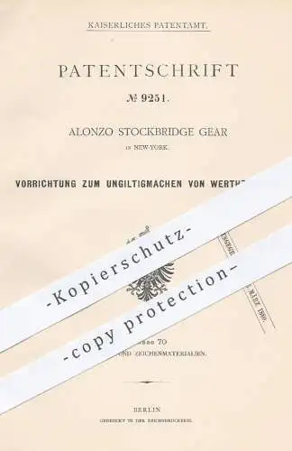 original Patent - Alonzo Stockbridge Gear , New York USA , 1879 , Ungültigmachen von Wertzeichen | Briefmarken , Stempel