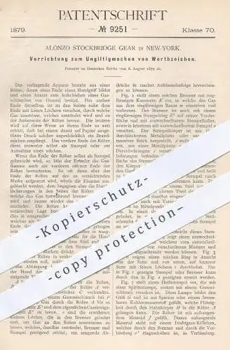 original Patent - Alonzo Stockbridge Gear , New York USA , 1879 , Ungültigmachen von Wertzeichen | Briefmarken , Stempel