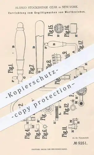 original Patent - Alonzo Stockbridge Gear , New York USA , 1879 , Ungültigmachen von Wertzeichen | Briefmarken , Stempel