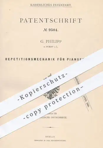 original Patent - G. Philipp in Forst , 1879 , Repititionsmechanik für Pianofortes | Piano , Klavier , Musikinstrumente