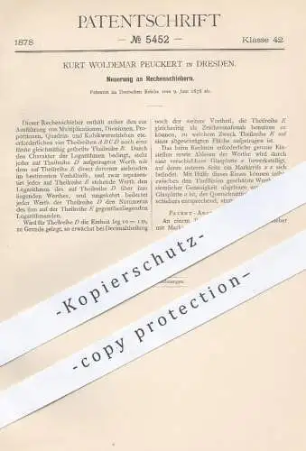 original Patent - Kurt Woldemar Peuckert , Dresden , 1878 , Rechenschieber | Rechnen , Mathematik , Schule , Rechner !!