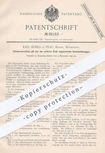 original Patent - Karl Krnka , Prag , Königl. Weinberge , 1891 , Zylinderverschluss mit 4 Verschlussknaggen | Waffen !!