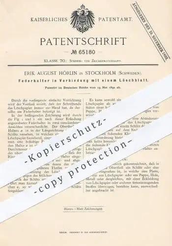 original Patent - Erik August Hörlin , Stockholm , Schweden , 1892 , Federhalter mit Löschblatt | Feder , Schreibfeder !