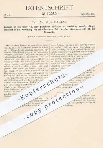 original Patent - Emil Andre , Koblenz , 1879 , Herstellung basischer Ziegel | Kalk , Eisenoxyd , Schwefelsäure , Chemie