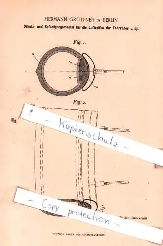 original Patent - Hermann Grüttner in Berlin , 1895 , Reifen für Fahrrad , Sattlerei und Wagenbau !!!