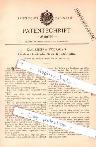 original Patent - Karl Kelker in Zwickau i. S. , 1891 , Dämpf- und Trockenofen für die Mützenfabrikation !!!