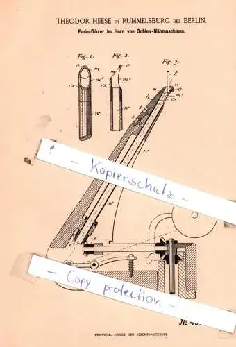 original Patent - T. Heese in Rummelsburg bei Berlin , 1889 , Fadenführer im Horn von Sohlen-Nähmaschinen !!!