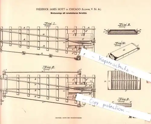 original Patent - Frederick James Hoyt in Chicago , 1889 , Weichenanlage mit verschiebbarem Herzstück !!!