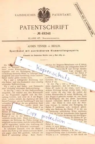 original Patent -  Armin Tenner in Berlin , 1889 , Sperrhebel mit Klemmrollengesperre !!!