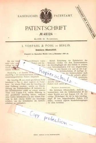 original Patent -  L. Vorpahl & Pohl in Berlin , 1888 , Dehnbares Albumschloß !!!