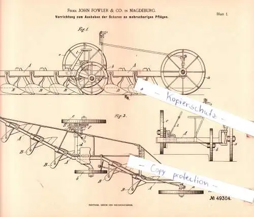 original Patent - Firma John Fowler & Co. in Magdeburg , 1889 ,  Landwirthschaftliche Geräthe !!!