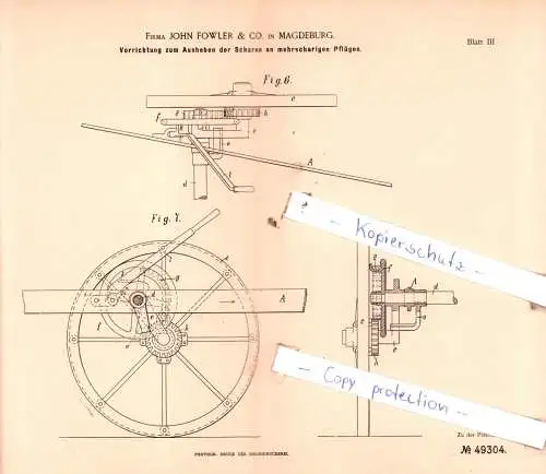 original Patent - Firma John Fowler & Co. in Magdeburg , 1889 ,  Landwirthschaftliche Geräthe !!!