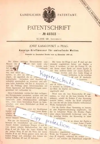 original Patent - Josef Kasalovsky in Prag , 1888 , Anzeige-Kraftmesser für umlaufende Wellen !!!