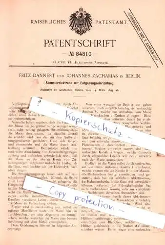 original Patent - Fritz Dannert und Johannes Zacharias in Berlin , 1895 , Elektrische Apparate !!!