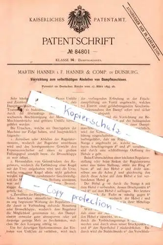 original Patent -  Martin Hanner i. F. Hanner & Comp. in Duisburg , Dampfmaschinen !!!