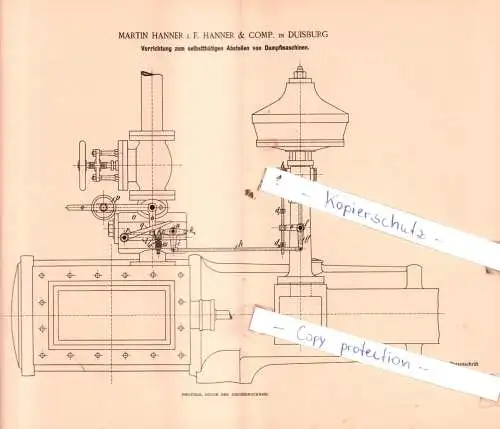 original Patent -  Martin Hanner i. F. Hanner & Comp. in Duisburg , Dampfmaschinen !!!