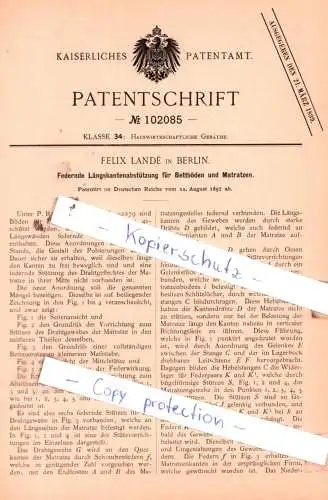 original Patent - Felix Landè in Berlin , 1897 , Federnde Längskantenabstützung für Bettböden und Matratzen !!!