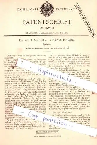 original Patent - Dr. med. E. Schulz in Stadthagen , 1891 , Speiglas !!!