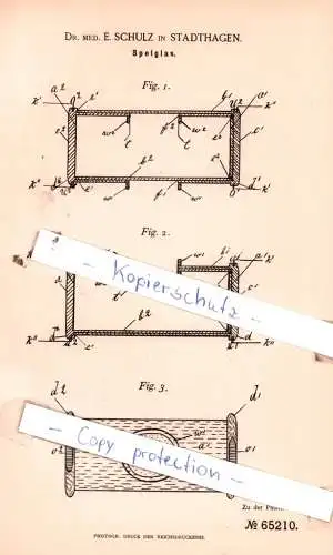 original Patent - Dr. med. E. Schulz in Stadthagen , 1891 , Speiglas !!!